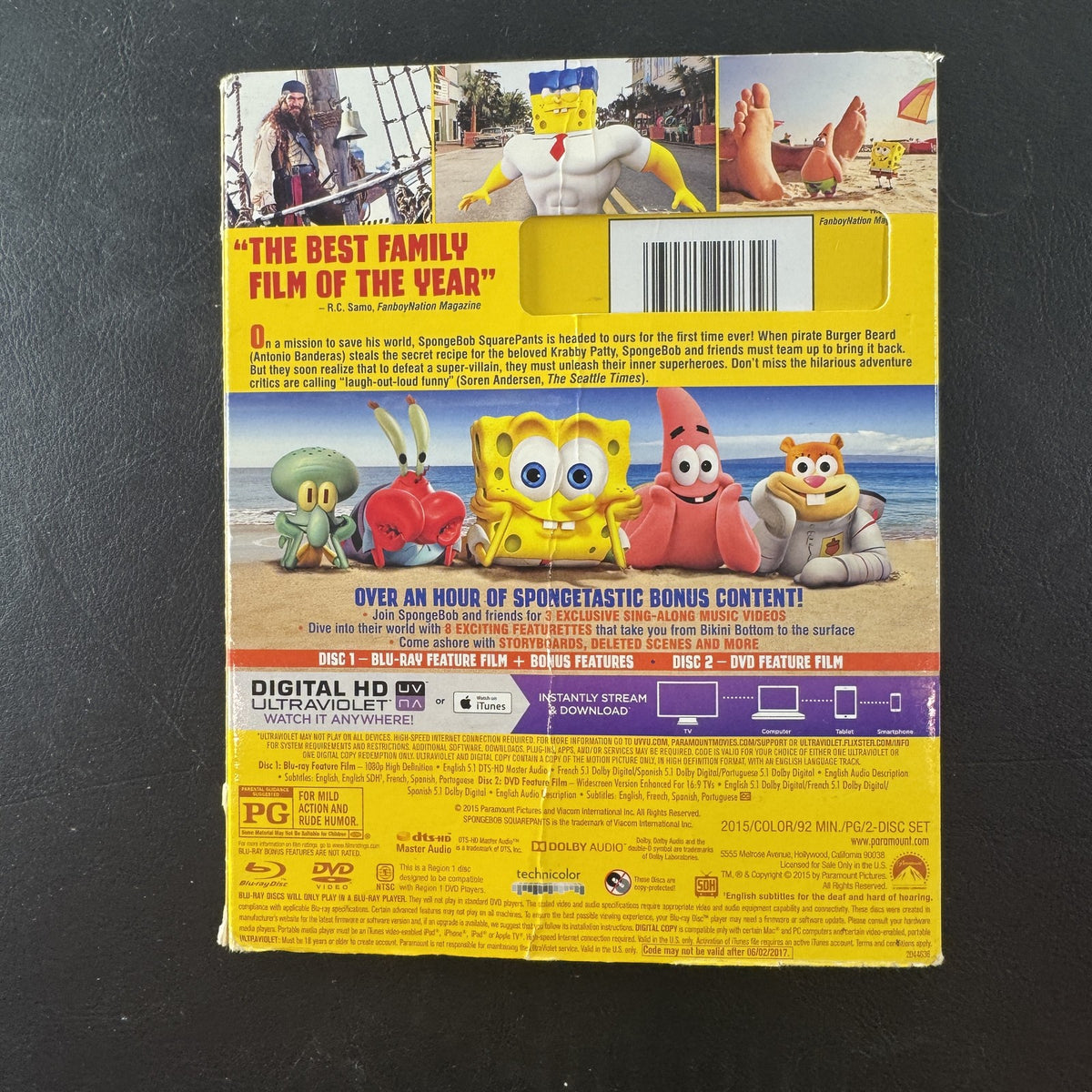 The SpongeBob Movie Sponge Out of Water Blu-ray and DVD combo case cover.