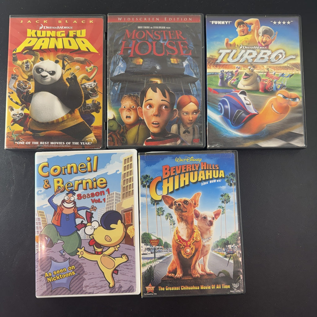Set of 5 children's animated movie DVDs including Kung Fu Panda, Turbo, and Monster House