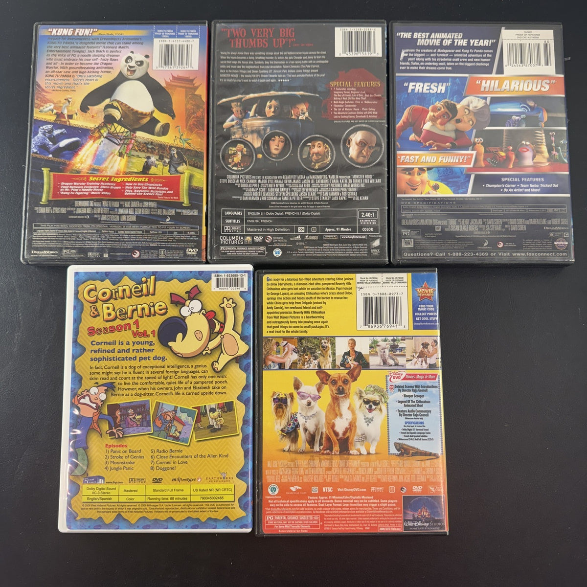 Set of 5 children's animated movie DVDs including Kung Fu Panda, Turbo, and Monster House