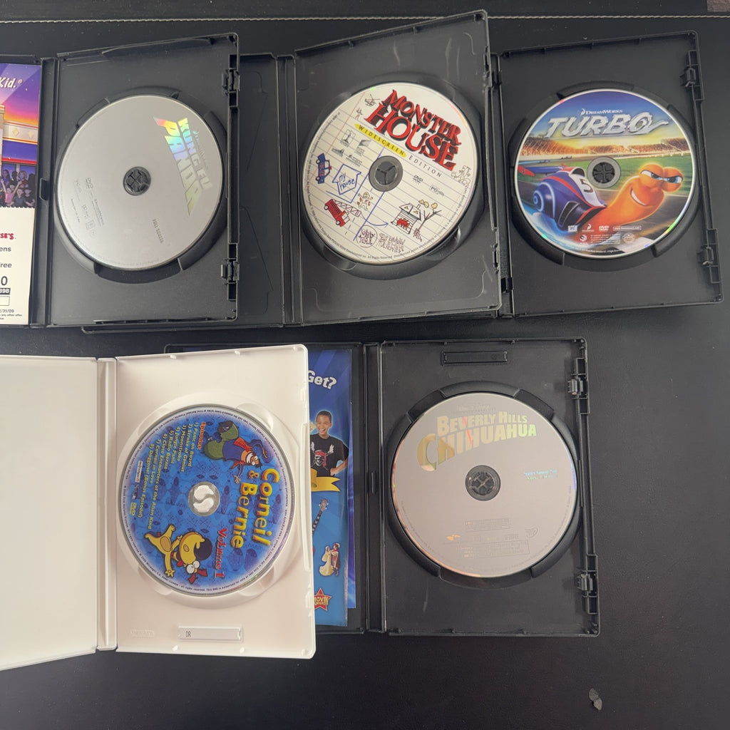Set of 5 children's animated movie DVDs including Kung Fu Panda, Turbo, and Monster House