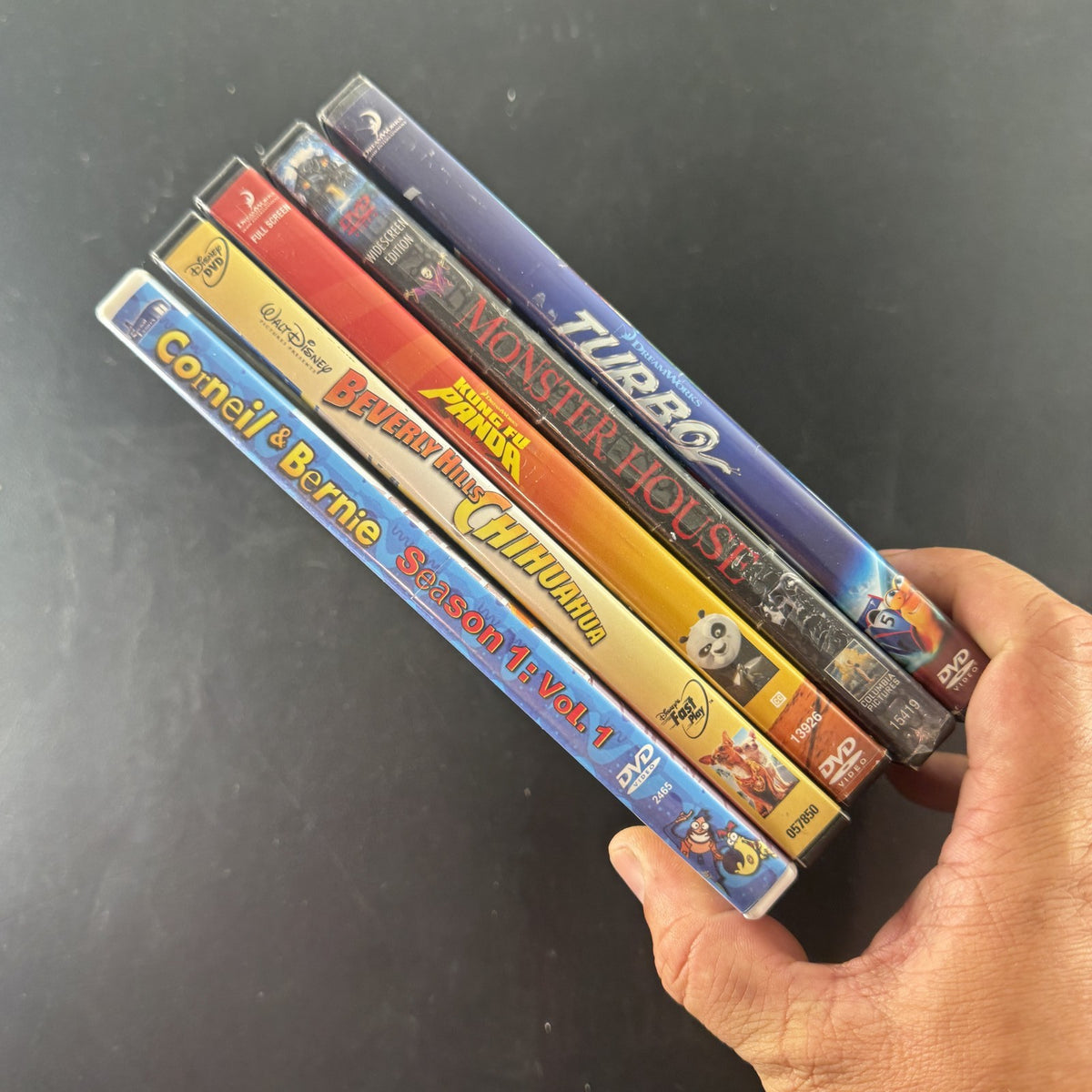 Set of 5 children's animated movie DVDs including Kung Fu Panda, Turbo, and Monster House