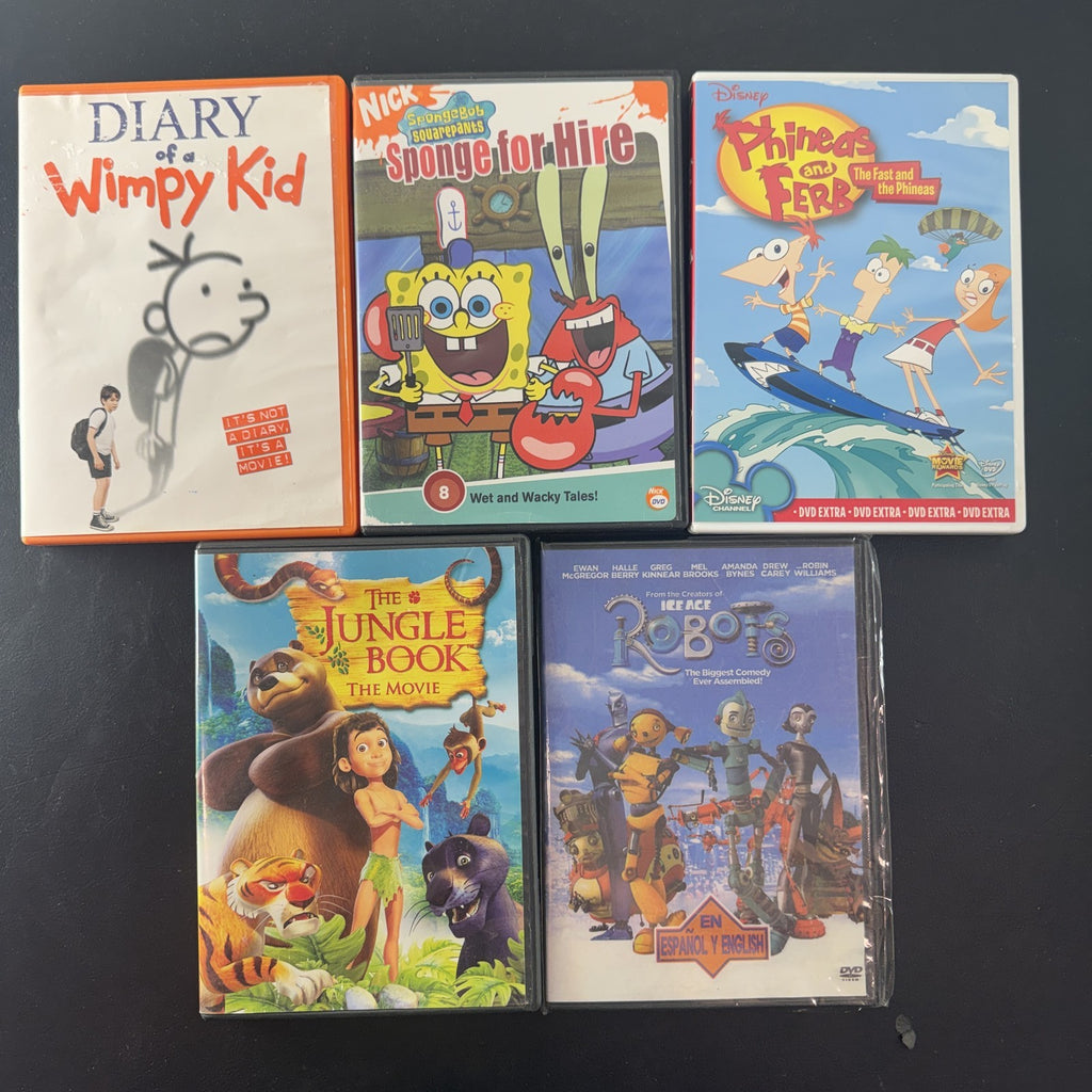 Set of 5 children's family DVDs including Diary of a Wimpy Kid, SpongeBob SquarePants, and Robots.
