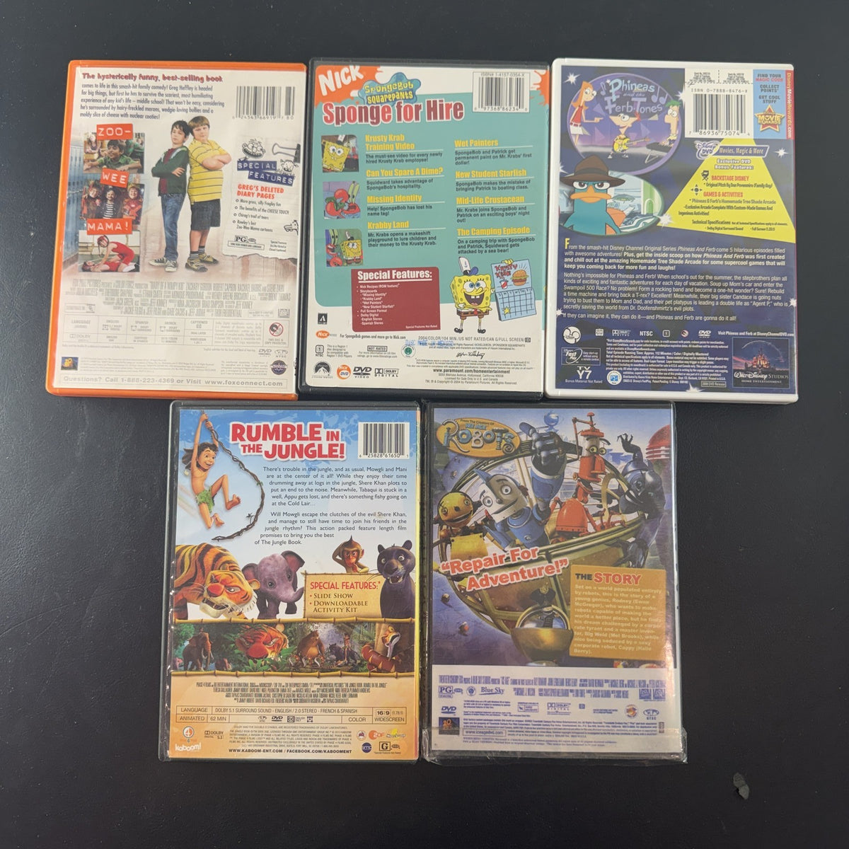 Set of 5 children's family DVDs including Diary of a Wimpy Kid, SpongeBob SquarePants, and Robots.