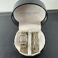 Jaclyn Smith gold tone women's watch and bracelet set featuring a black square case, white dial, and original box.