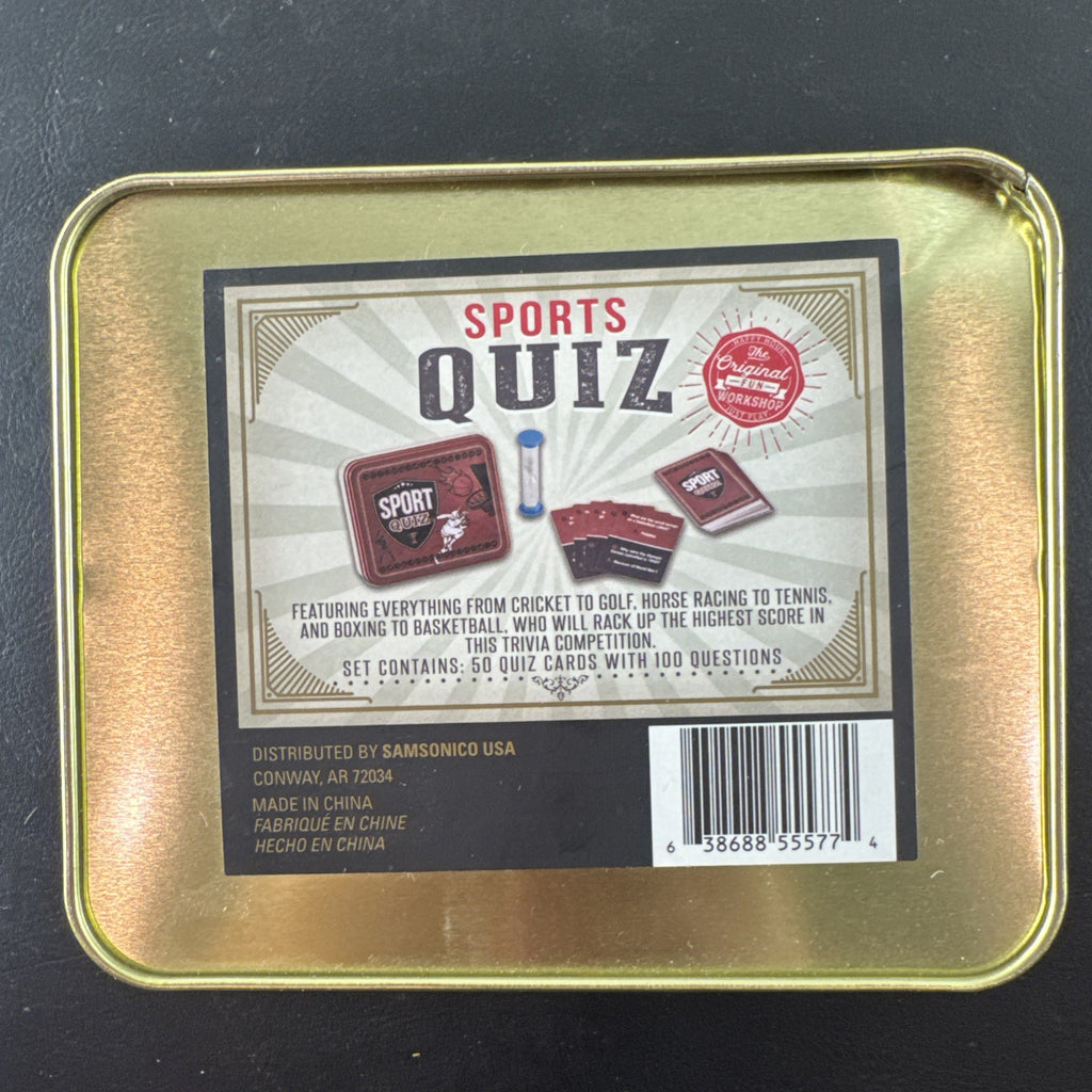 Brand new Sports Quiz trivia card game in a tin featuring 50 cards and 100 questions.