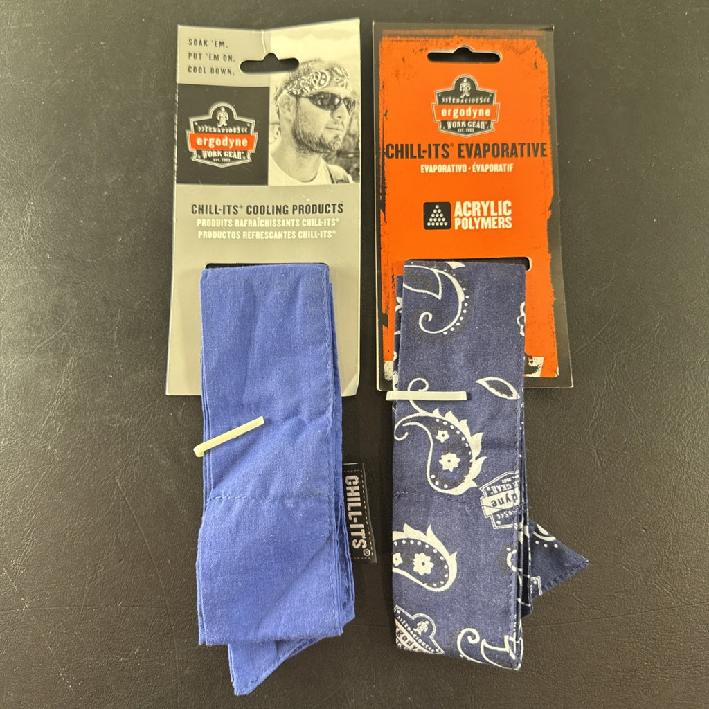 Ergodyne Chill-Its 6700 evaporative cooling triangle bandana 2-pack with tie closure in brand new condition