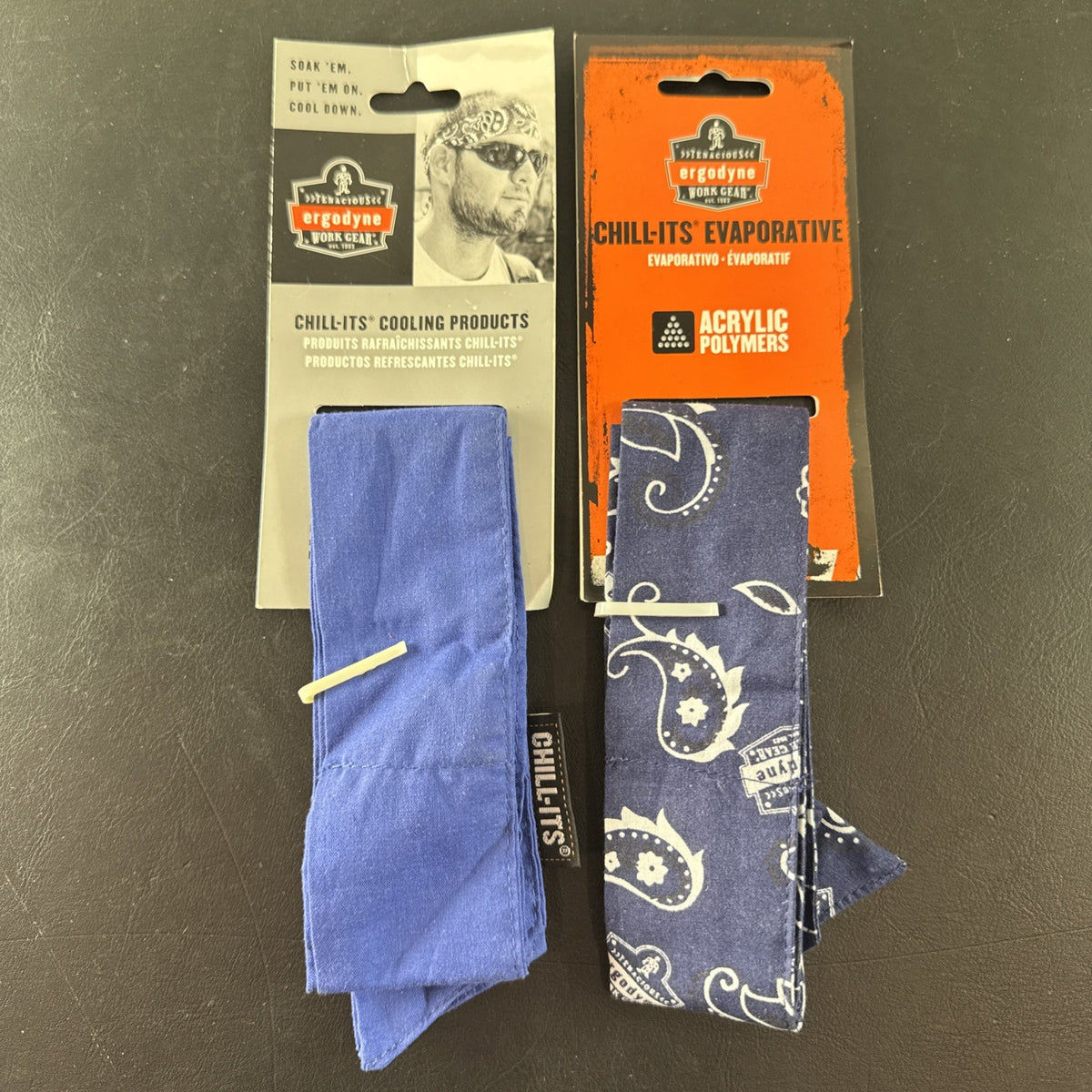 Ergodyne Chill-Its 6700 evaporative cooling triangle bandana 2-pack with tie closure in brand new condition