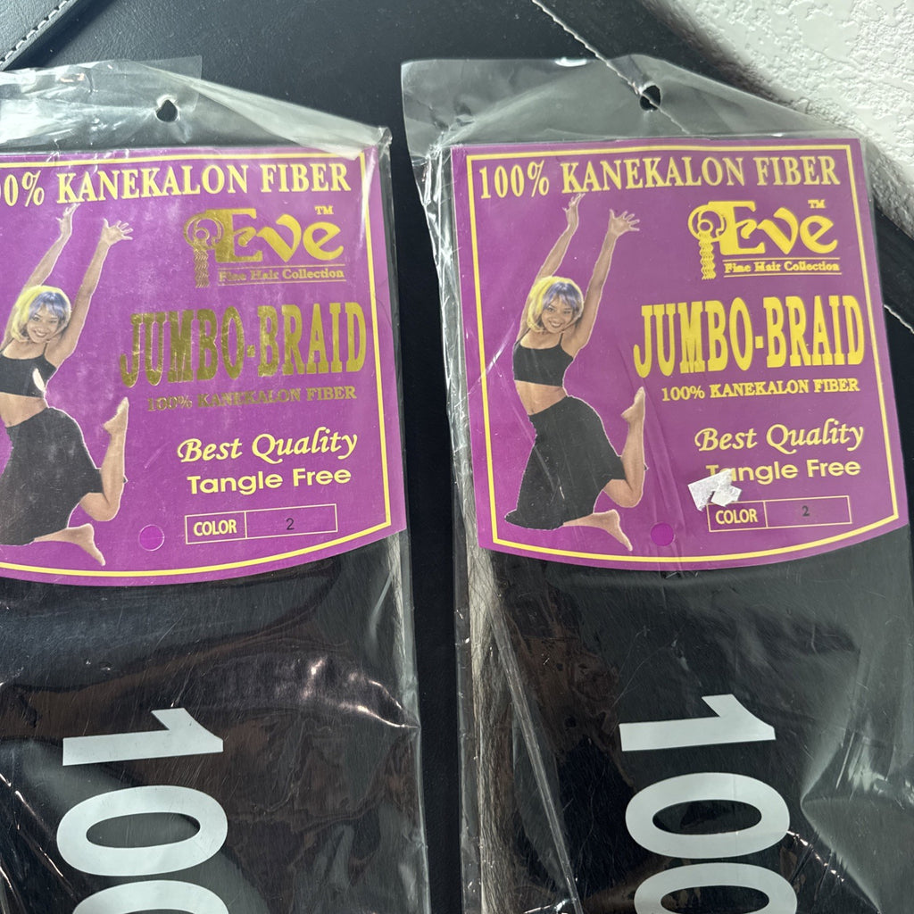 Eve Fine Hair Collection 100% Kanekalon jumbo braiding hair extensions in shade Color 2 dark brown, set of 2 packs.