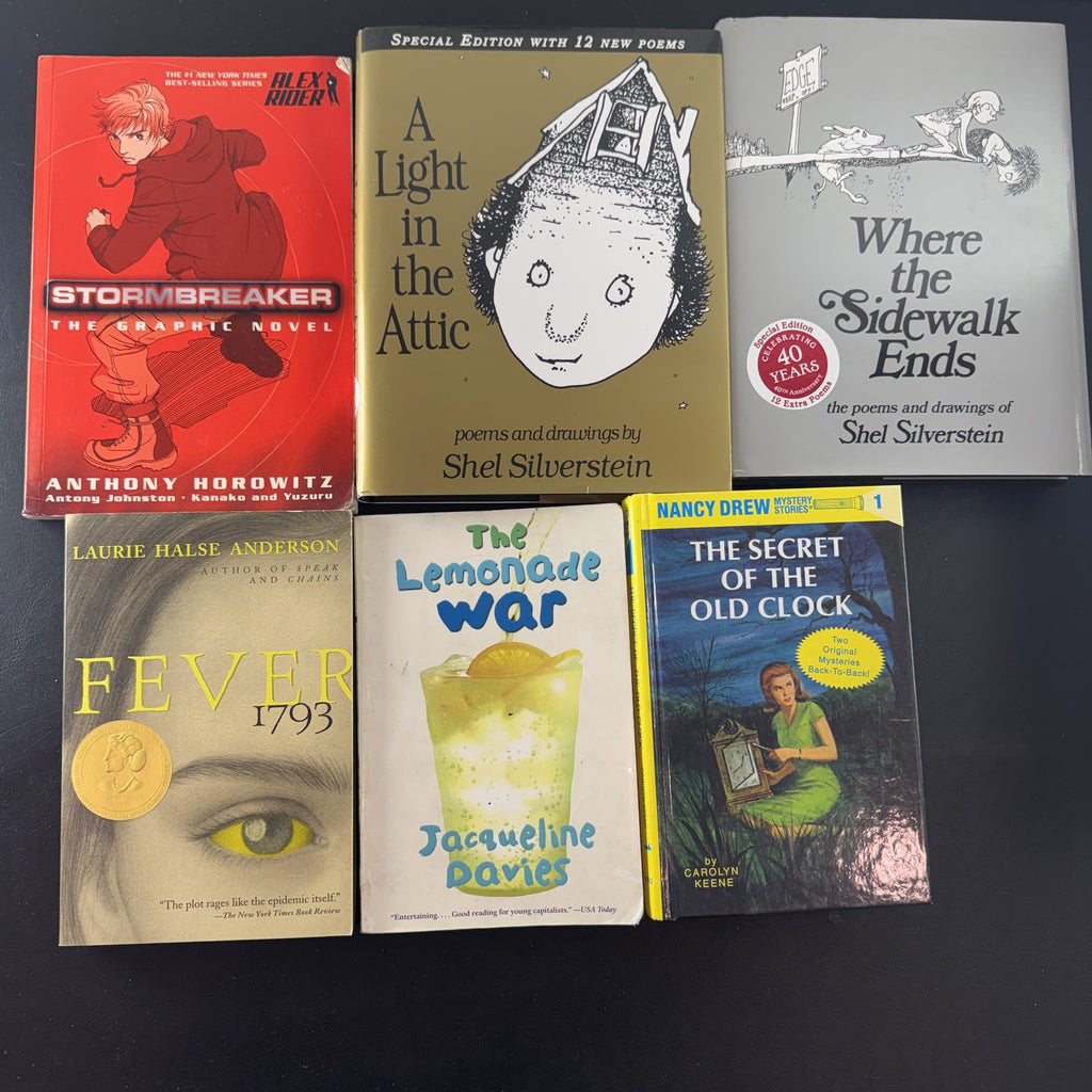 Stack of 6 children's and young adult books including Shel Silverstein poetry and Nancy Drew mystery.