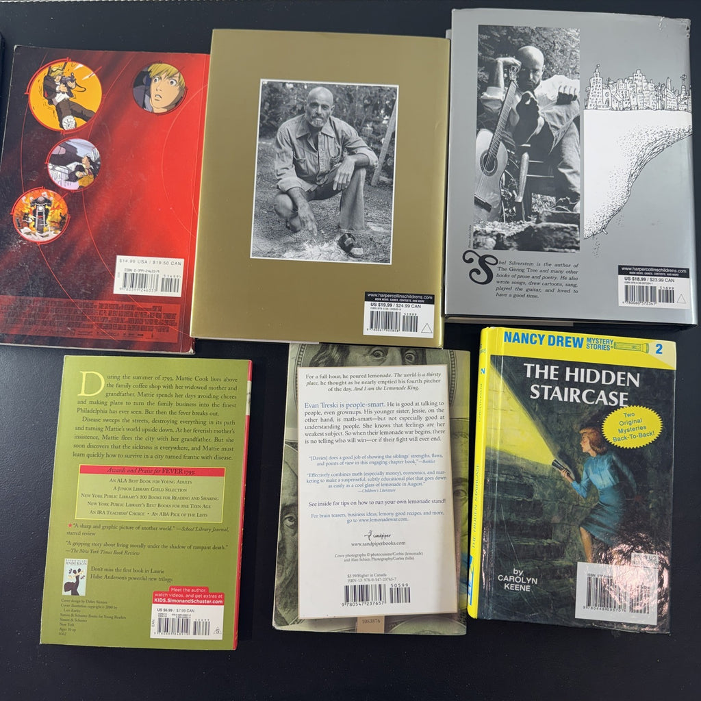 Stack of 6 children's and young adult books including Shel Silverstein poetry and Nancy Drew mystery.