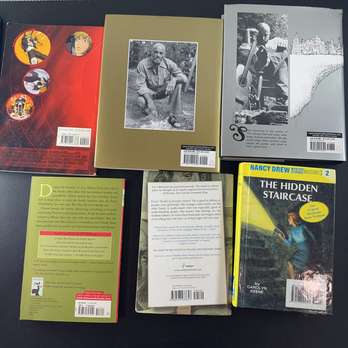 Stack of 6 children's and young adult books including Shel Silverstein poetry and Nancy Drew mystery.