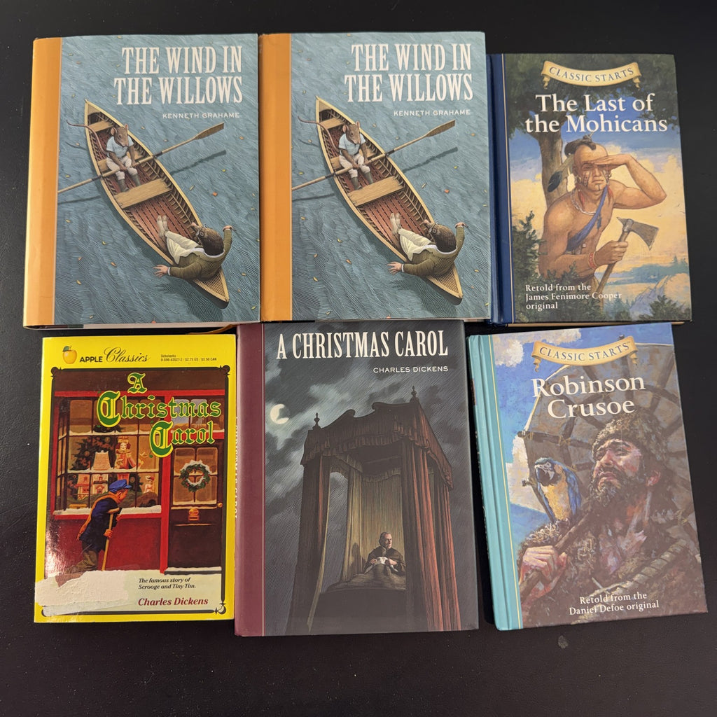 Lot of 6 classic children's hardcover and paperback books including A Christmas Carol and The Wind in the Willows.