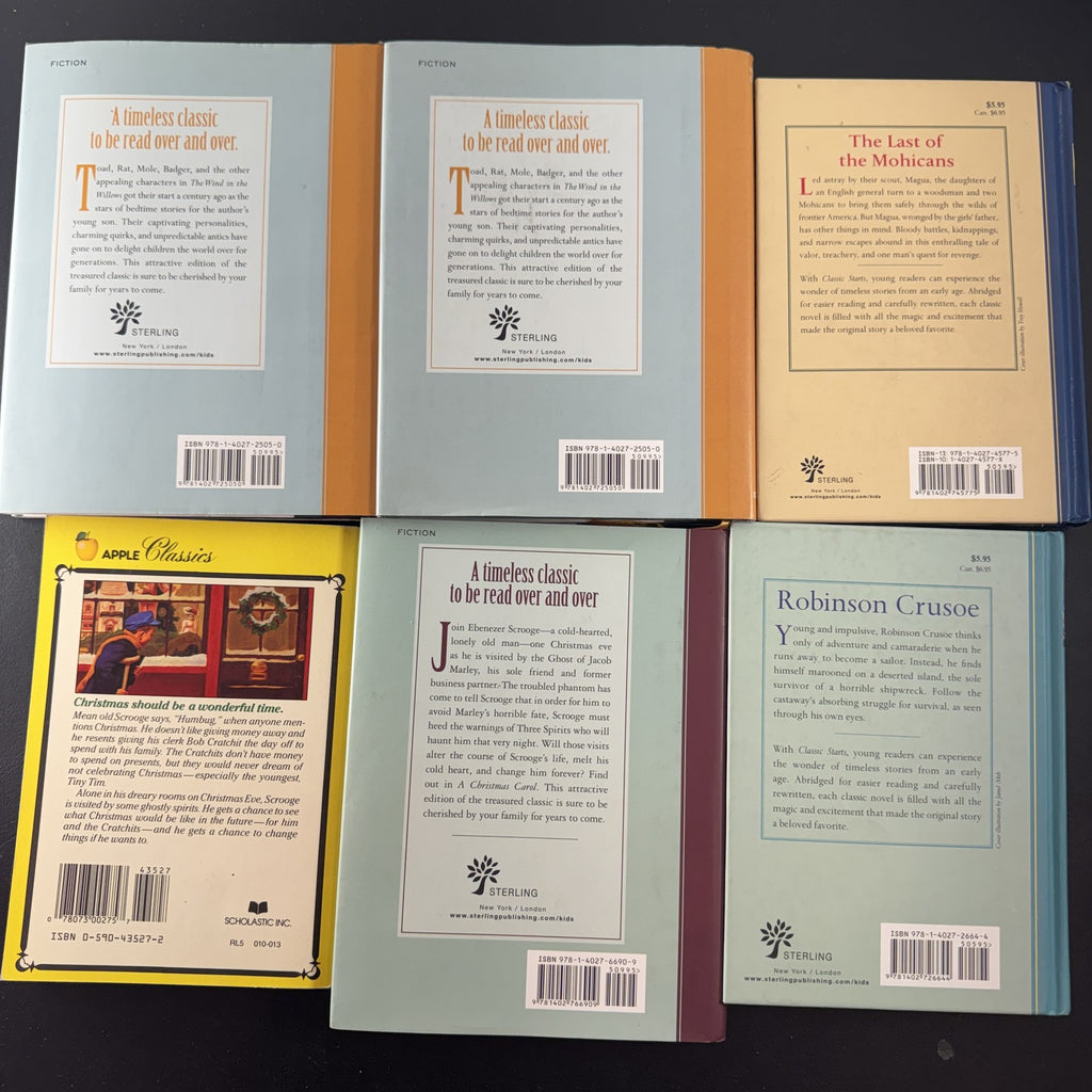 Lot of 6 classic children's hardcover and paperback books including A Christmas Carol and The Wind in the Willows.