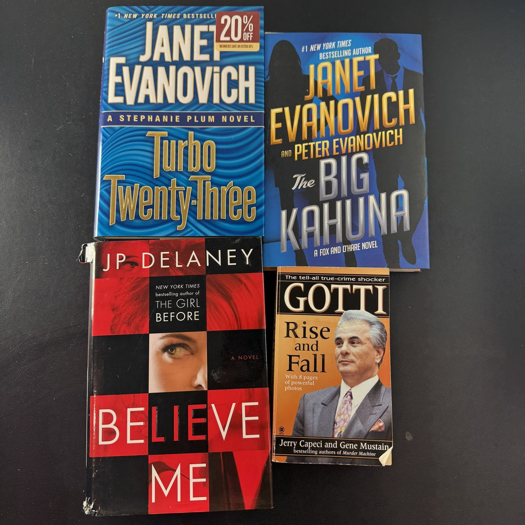 Set of four crime and mystery books featuring Janet Evanovich titles in very good condition.