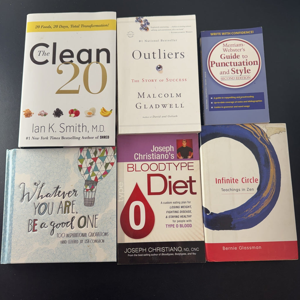 Set of 6 personal growth and wellness paperback books including Outliers by Malcolm Gladwell.