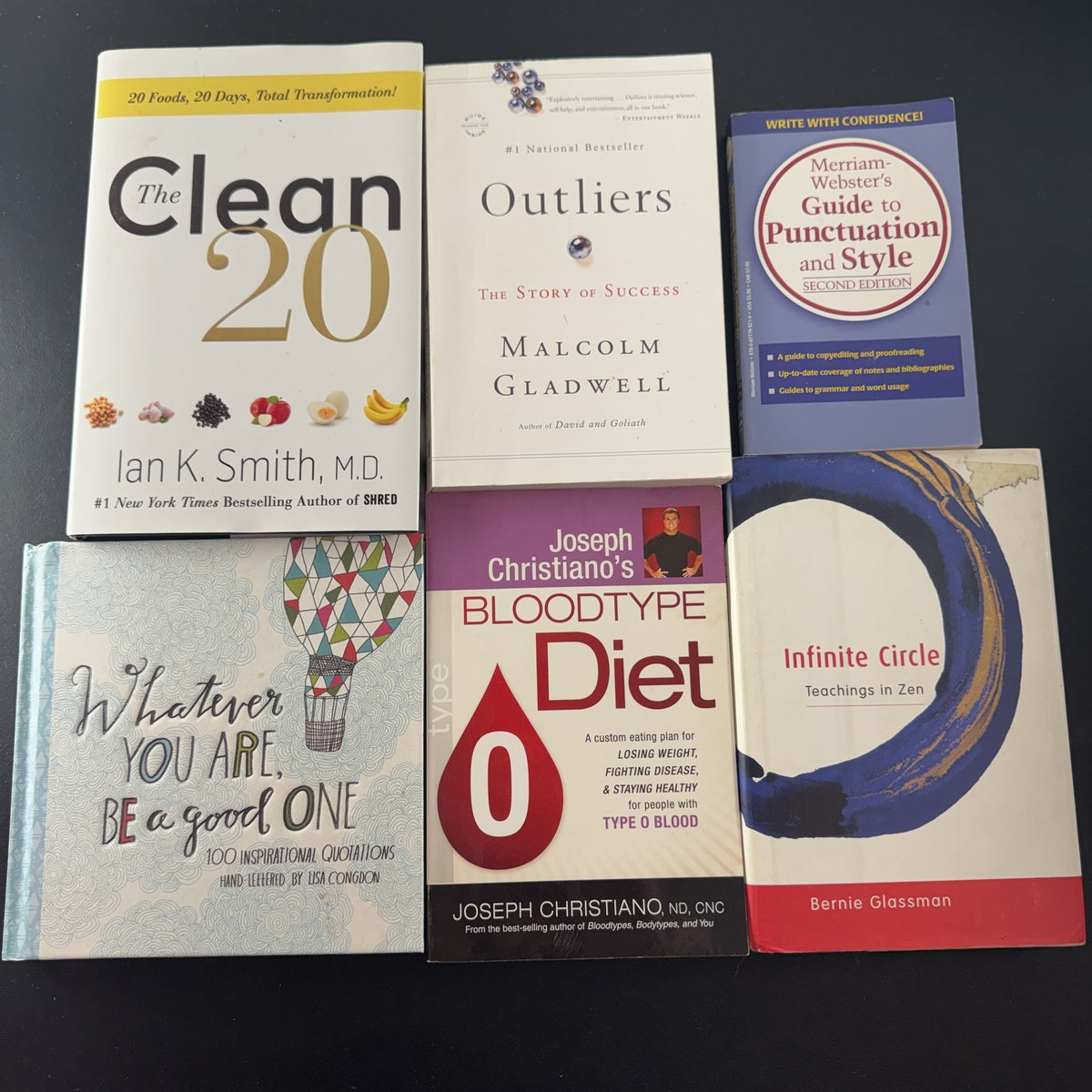 Set of 6 personal growth and wellness paperback books including Outliers by Malcolm Gladwell.