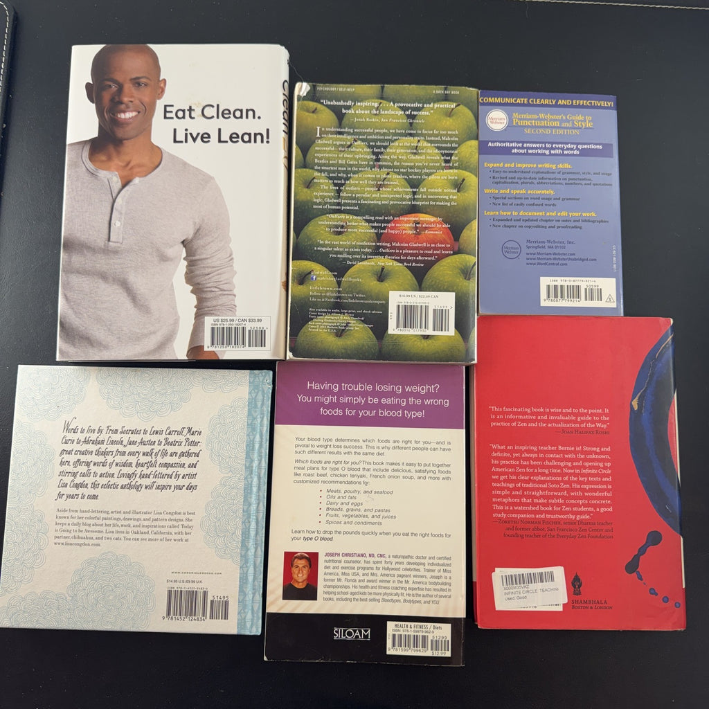 Set of 6 personal growth and wellness paperback books including Outliers by Malcolm Gladwell.
