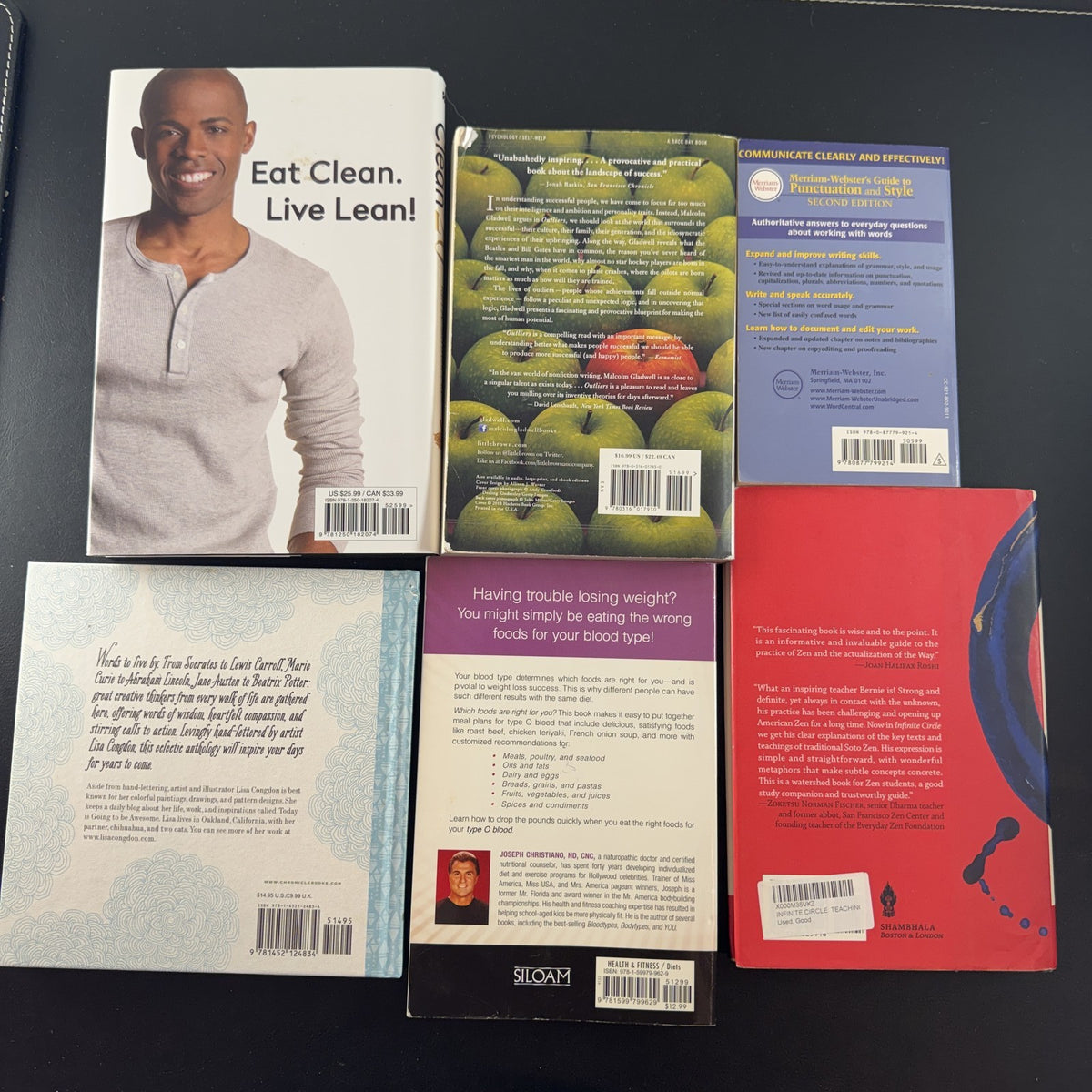 Set of 6 personal growth and wellness paperback books including Outliers by Malcolm Gladwell.