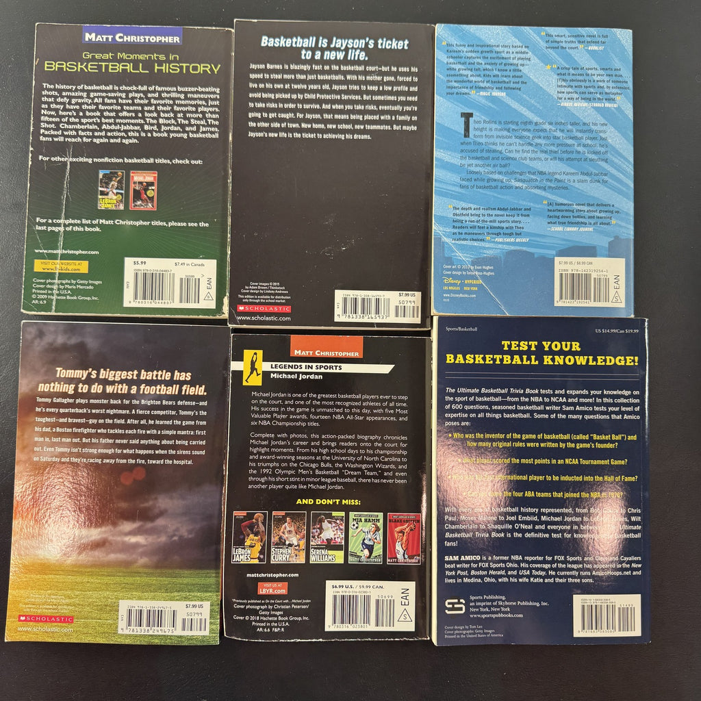 Set of six kids basketball paperback books including titles by Mike Lupica and Matt Christopher.