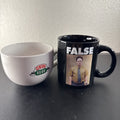 Set of 2 television show coffee mugs featuring Friends Central Perk jumbo mug and The Office Dwight Schrute black mug.