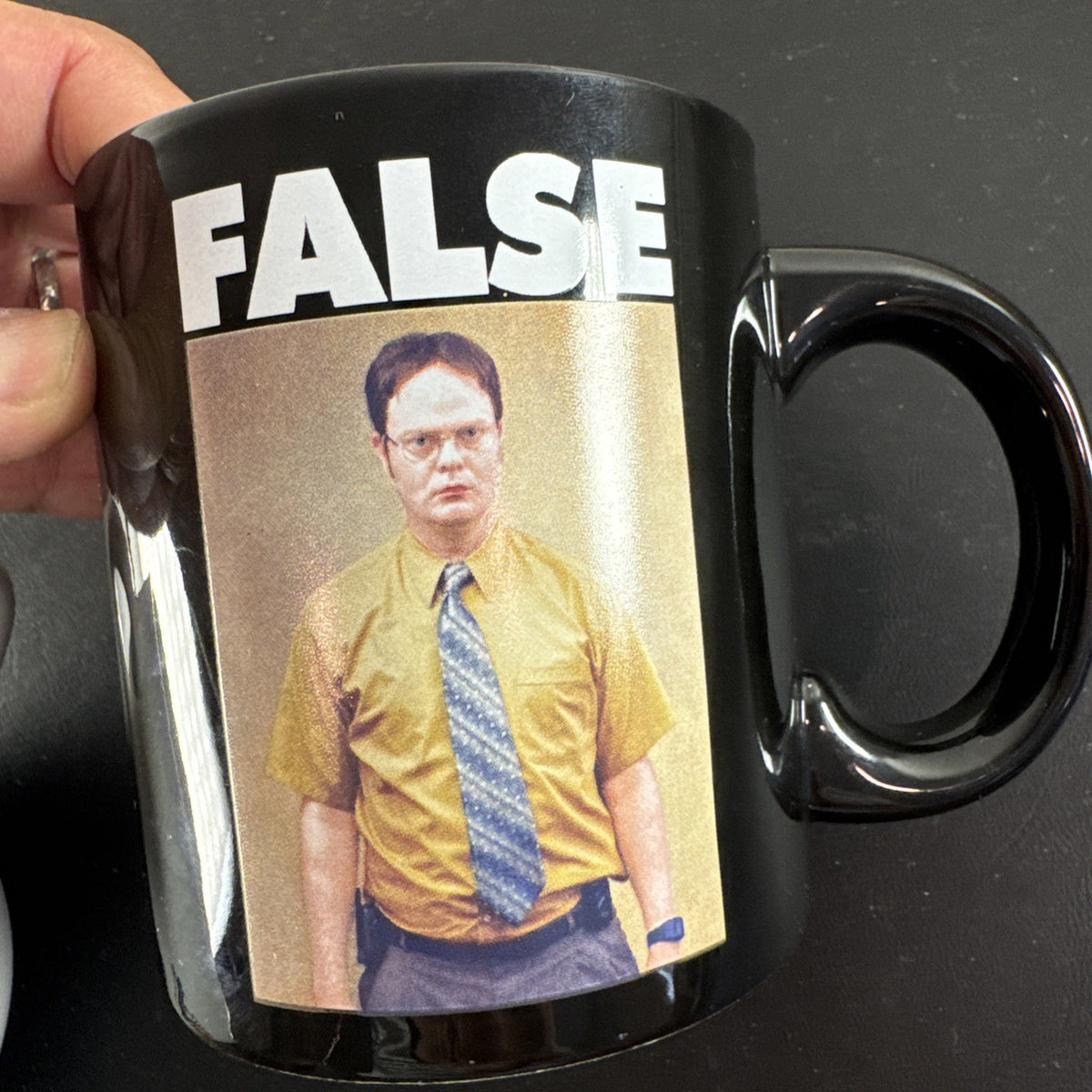 Set of 2 television show coffee mugs featuring Friends Central Perk jumbo mug and The Office Dwight Schrute black mug.
