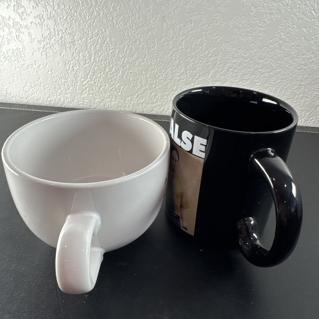 Set of 2 television show coffee mugs featuring Friends Central Perk jumbo mug and The Office Dwight Schrute black mug.