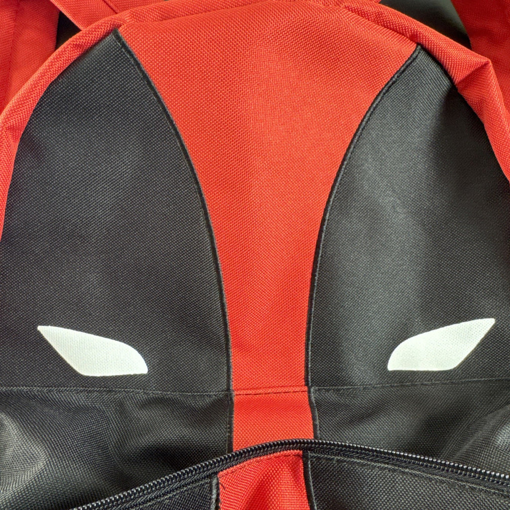Official Marvel Deadpool red and black character backpack featuring the iconic eye mask design.