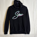 Selena Bidi Bidi Bom Bom black graphic hoodie with neon pink and teal logo, size small