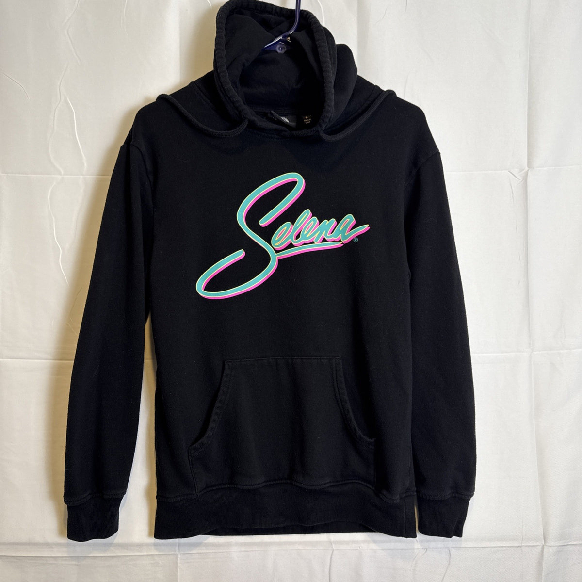 Selena Bidi Bidi Bom Bom black graphic hoodie with neon pink and teal logo, size small