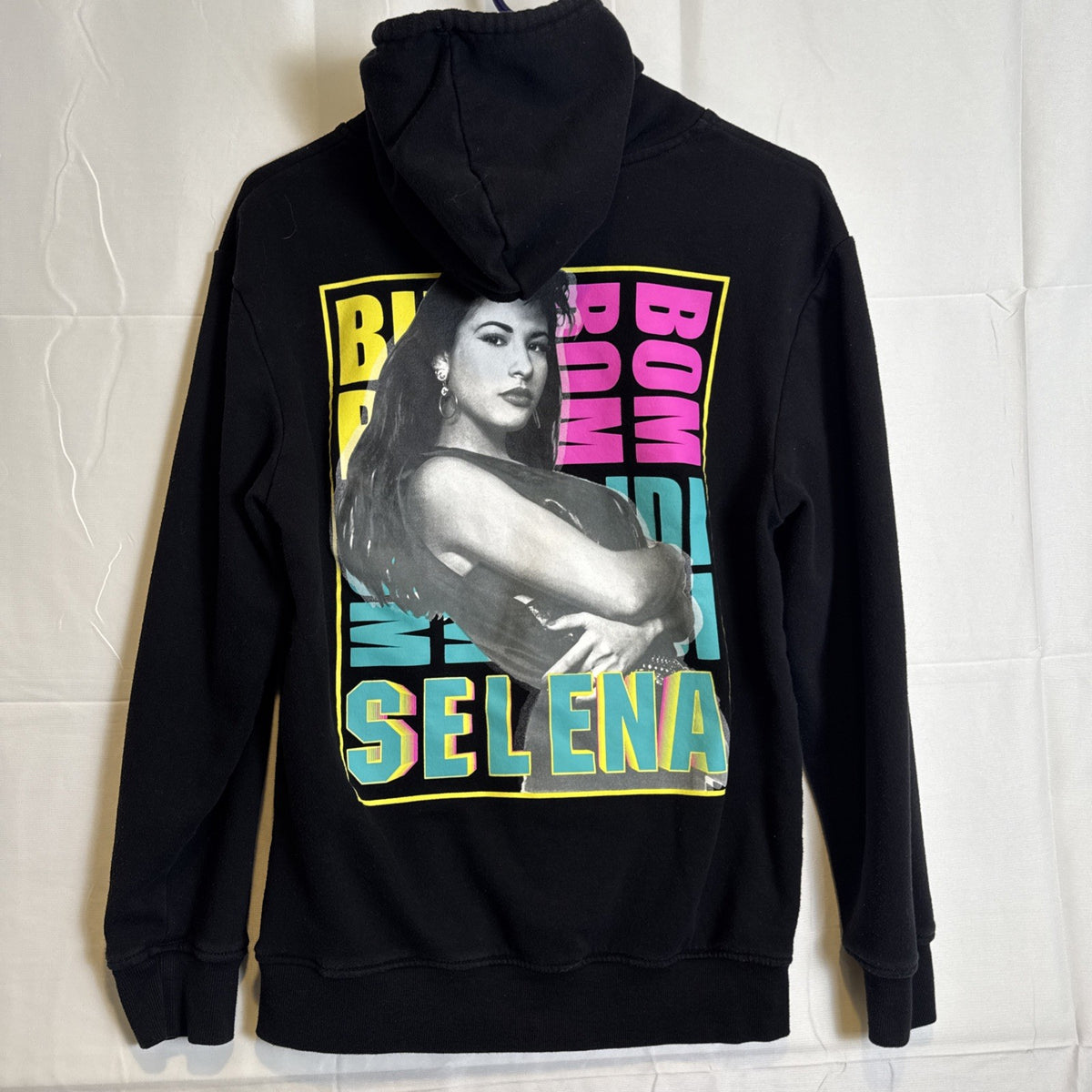 Selena Bidi Bidi Bom Bom black graphic hoodie with neon pink and teal logo, size small