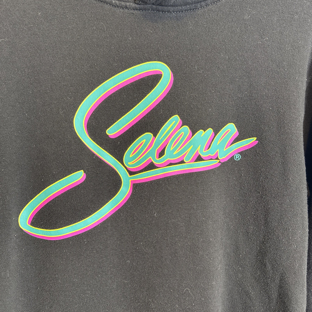 Selena Bidi Bidi Bom Bom black graphic hoodie with neon pink and teal logo, size small