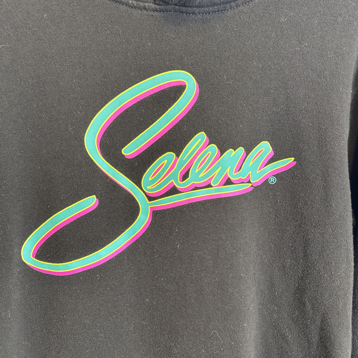 Selena Bidi Bidi Bom Bom black graphic hoodie with neon pink and teal logo, size small