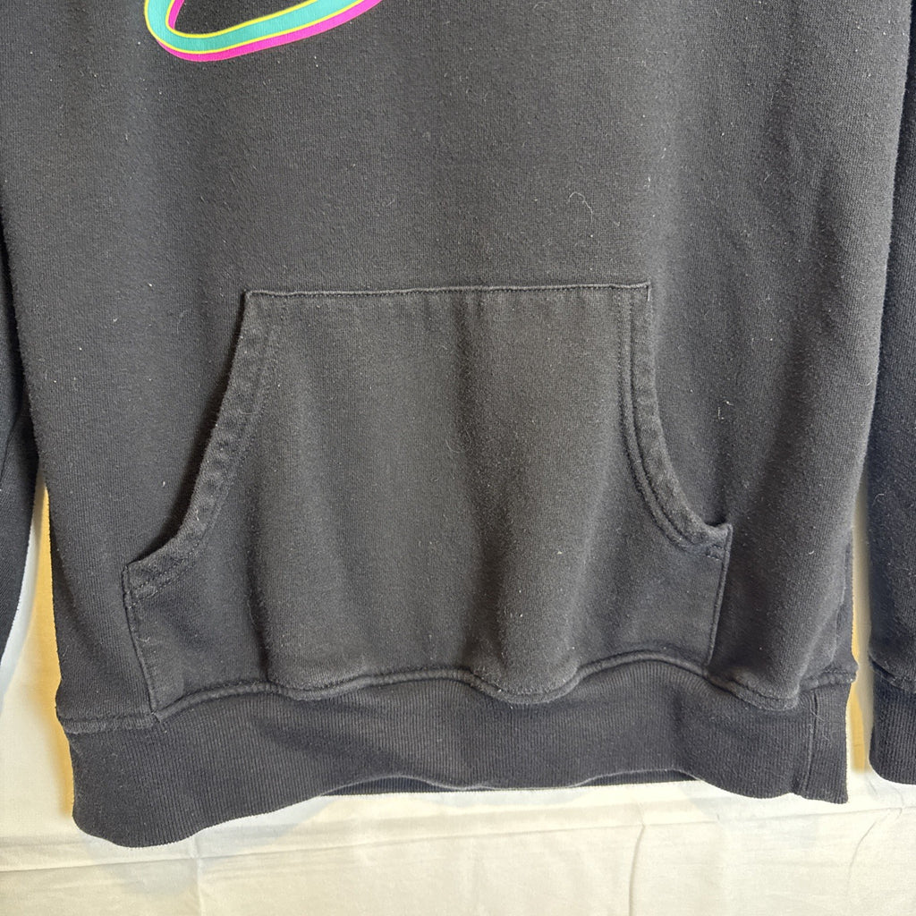 Selena Bidi Bidi Bom Bom black graphic hoodie with neon pink and teal logo, size small