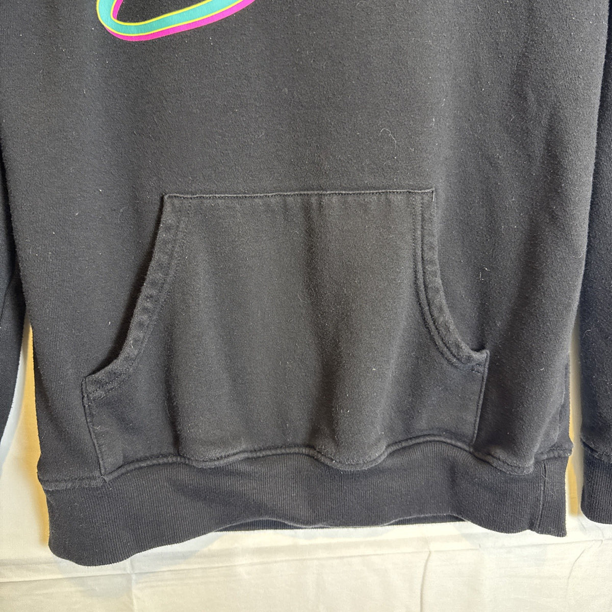 Selena Bidi Bidi Bom Bom black graphic hoodie with neon pink and teal logo, size small