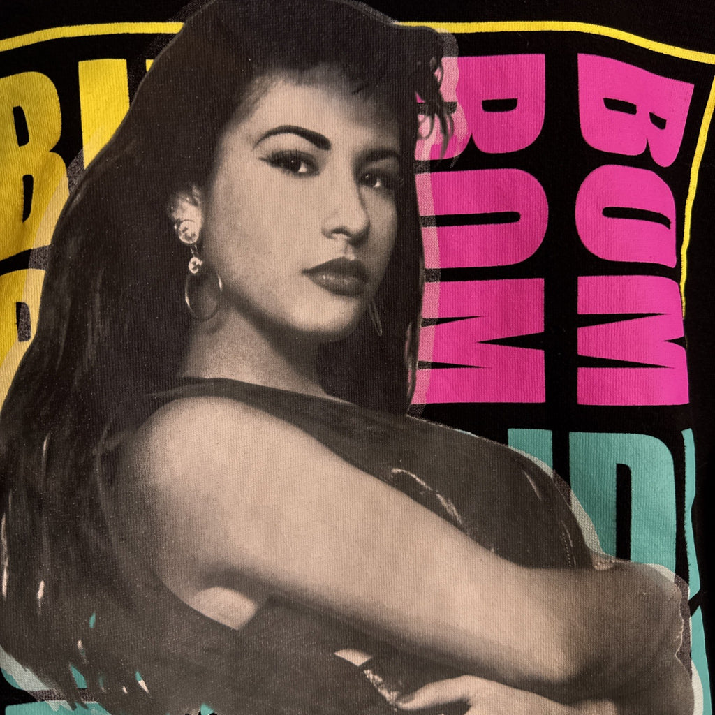 Selena Bidi Bidi Bom Bom black graphic hoodie with neon pink and teal logo, size small