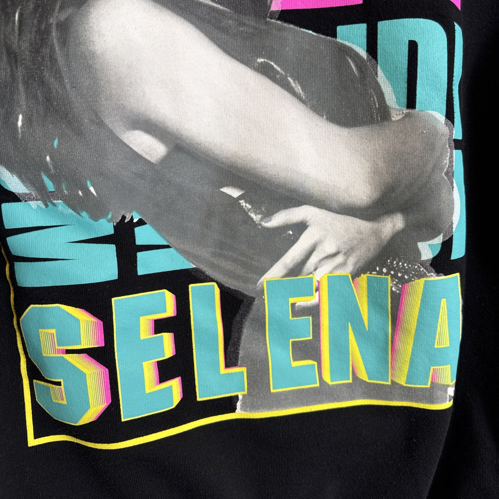 Selena Bidi Bidi Bom Bom black graphic hoodie with neon pink and teal logo, size small