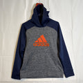 adidas youth size Large gray fleece pullover hoodie with dark blue and orange accents and stitched logo