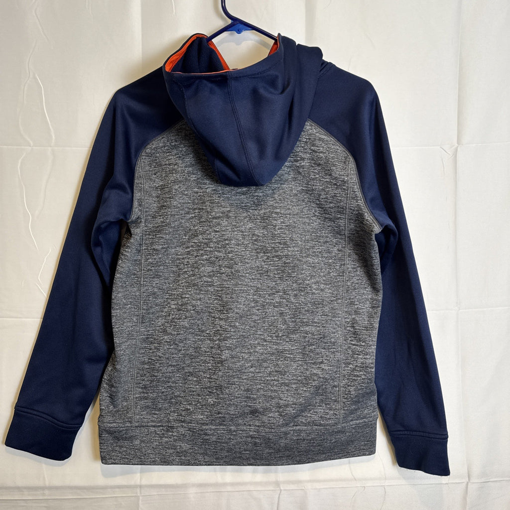 adidas youth size Large gray fleece pullover hoodie with dark blue and orange accents and stitched logo