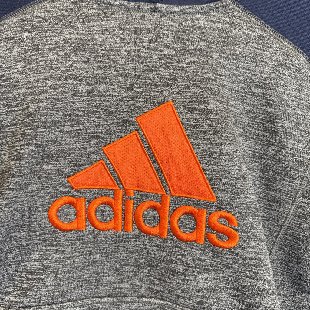 adidas youth size Large gray fleece pullover hoodie with dark blue and orange accents and stitched logo