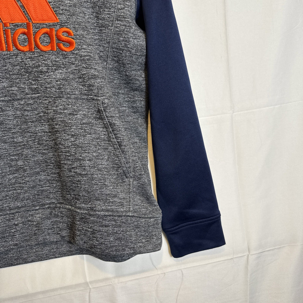 adidas youth size Large gray fleece pullover hoodie with dark blue and orange accents and stitched logo