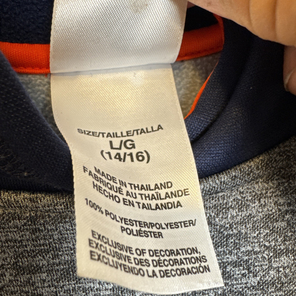 adidas youth size Large gray fleece pullover hoodie with dark blue and orange accents and stitched logo