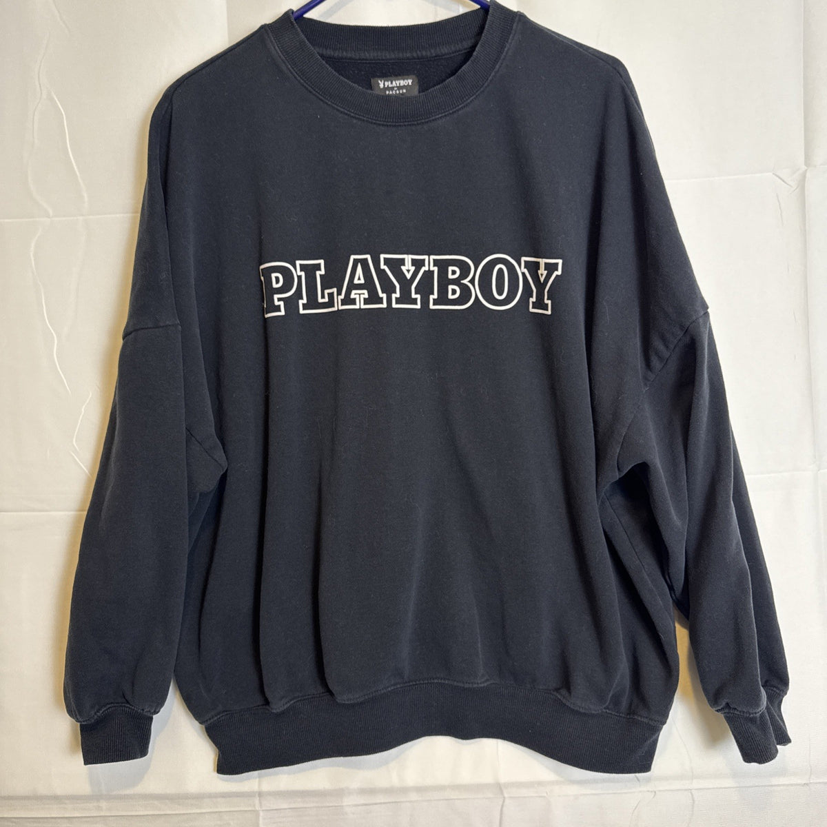 PacSun dark grey cotton fleece crewneck sweatshirt with Playboy bunny logo, size small.