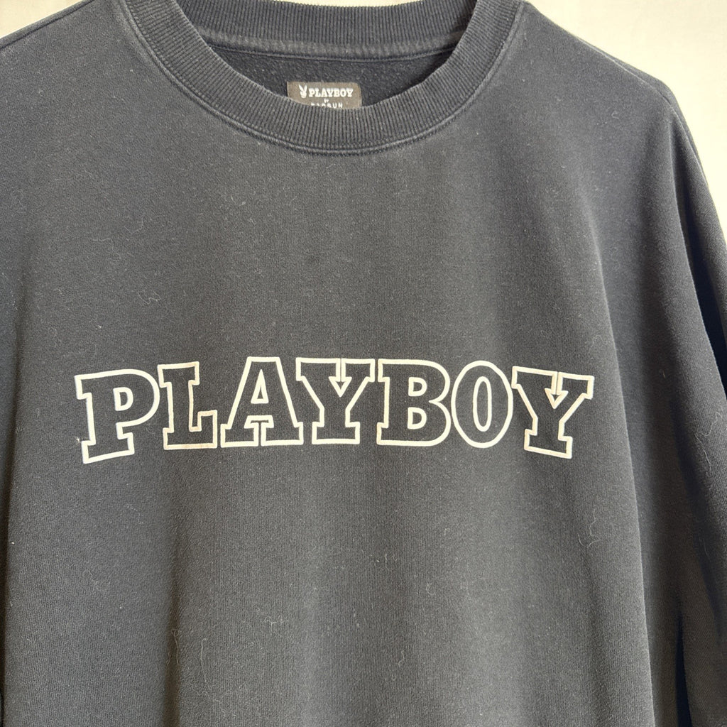 PacSun dark grey cotton fleece crewneck sweatshirt with Playboy bunny logo, size small.