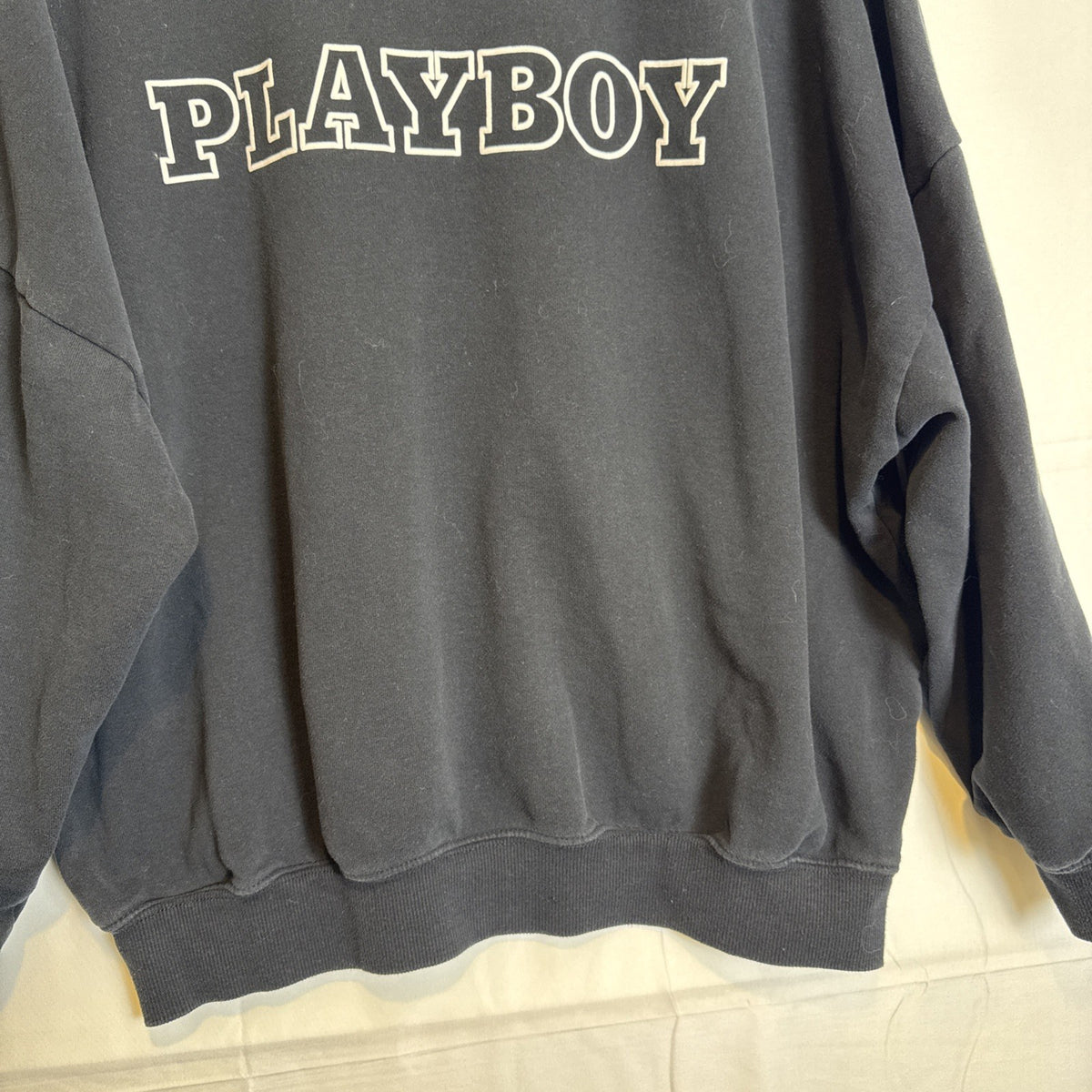 PacSun dark grey cotton fleece crewneck sweatshirt with Playboy bunny logo, size small.