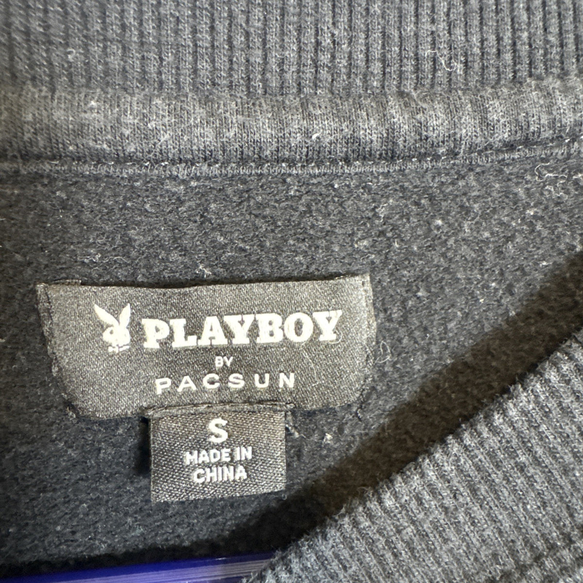 PacSun dark grey cotton fleece crewneck sweatshirt with Playboy bunny logo, size small.