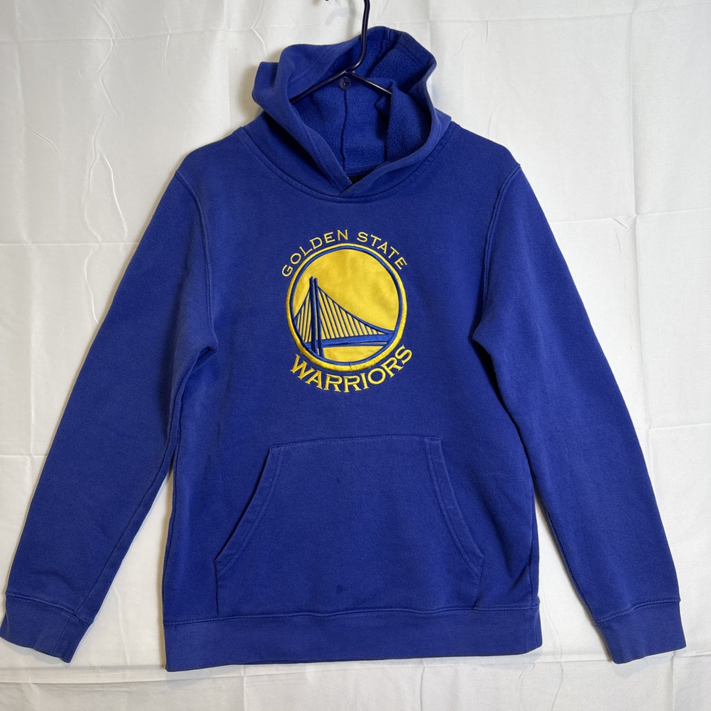 Front view of a pre-owned blue Golden State Warriors NBA pullover hoodie in Boys size XL.