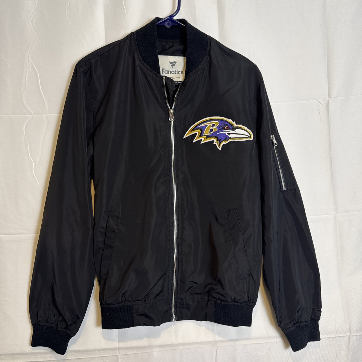 Fanatics Baltimore Ravens black full-zip bomber jacket with embroidered chest logo, men's size Small