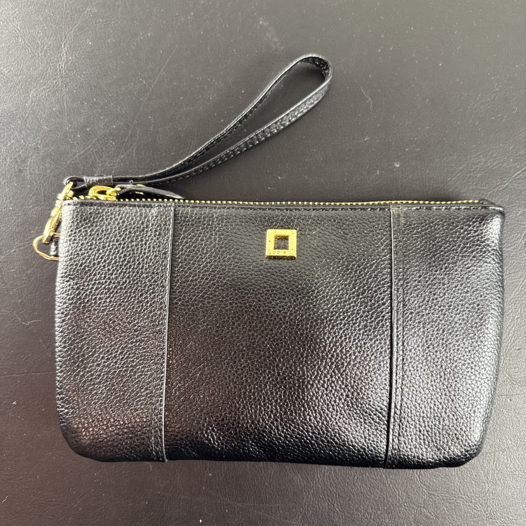 LODIS black pebbled leather wristlet clutch and matching card wallet set with gold-tone hardware.
