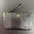 LODIS black pebbled leather wristlet clutch and matching card wallet set with gold-tone hardware.