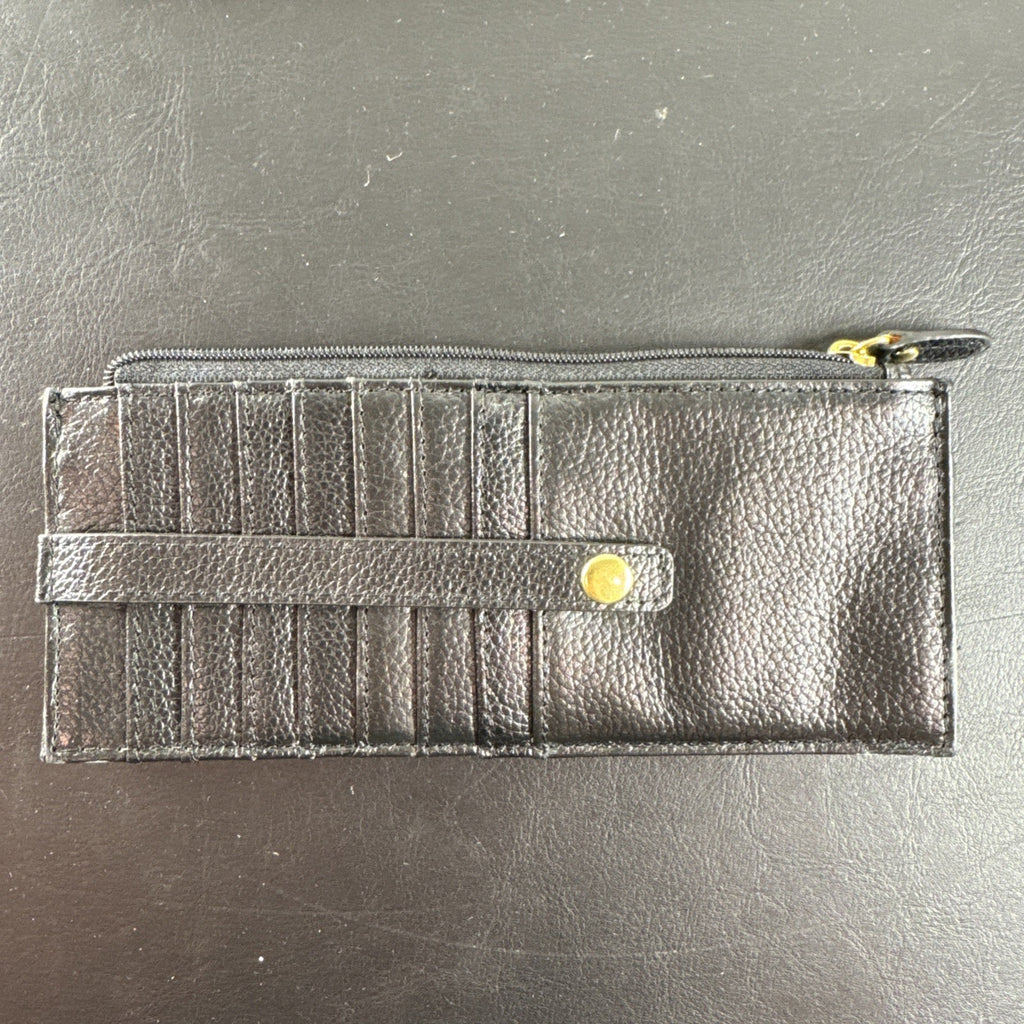 LODIS black pebbled leather wristlet clutch and matching card wallet set with gold-tone hardware.